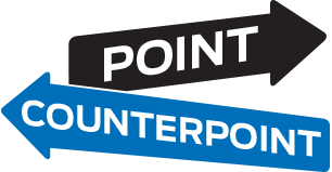 black sign pointing right with Point text on it, and blue sign pointing left with Counterpoint text