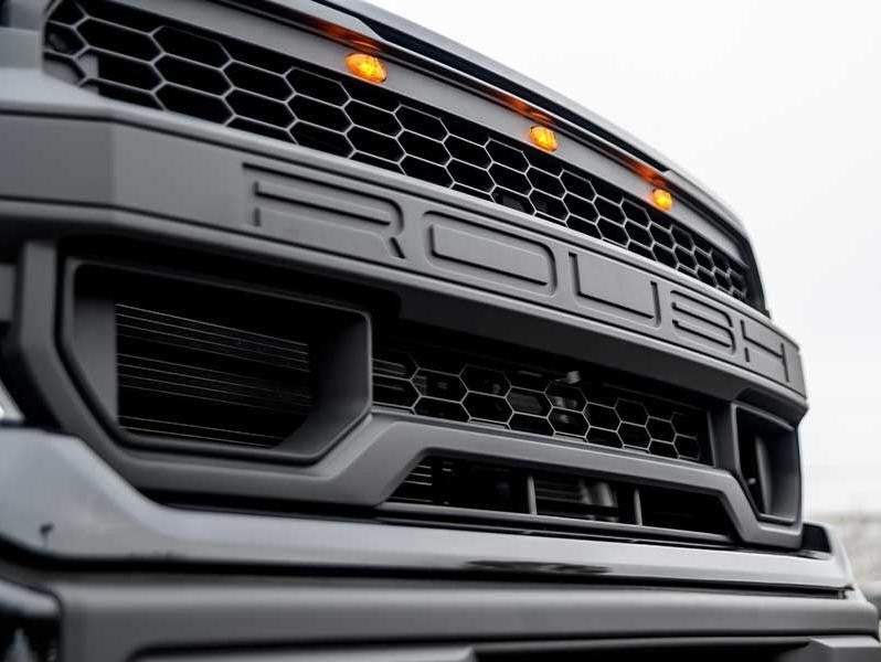 Close-up of a black truck's front grille featuring the word 'Rouge' prominently displayed.